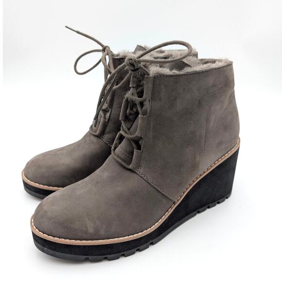 Eileen Fisher Alpine Shearing Leather Wedge Booties Graphite Size US10 EU41 - Picture 1 of 10